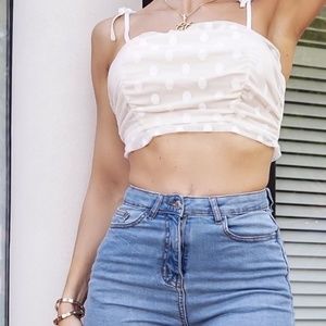Mesh Polka Dot Frill Edge Crop Strap Top